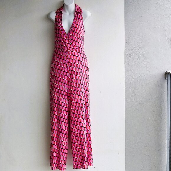 Diane Von Furstenberg DVF Sm Target Collar Sleevless Pink Mod Geometric Jumpsuit - Picture 1 of 5